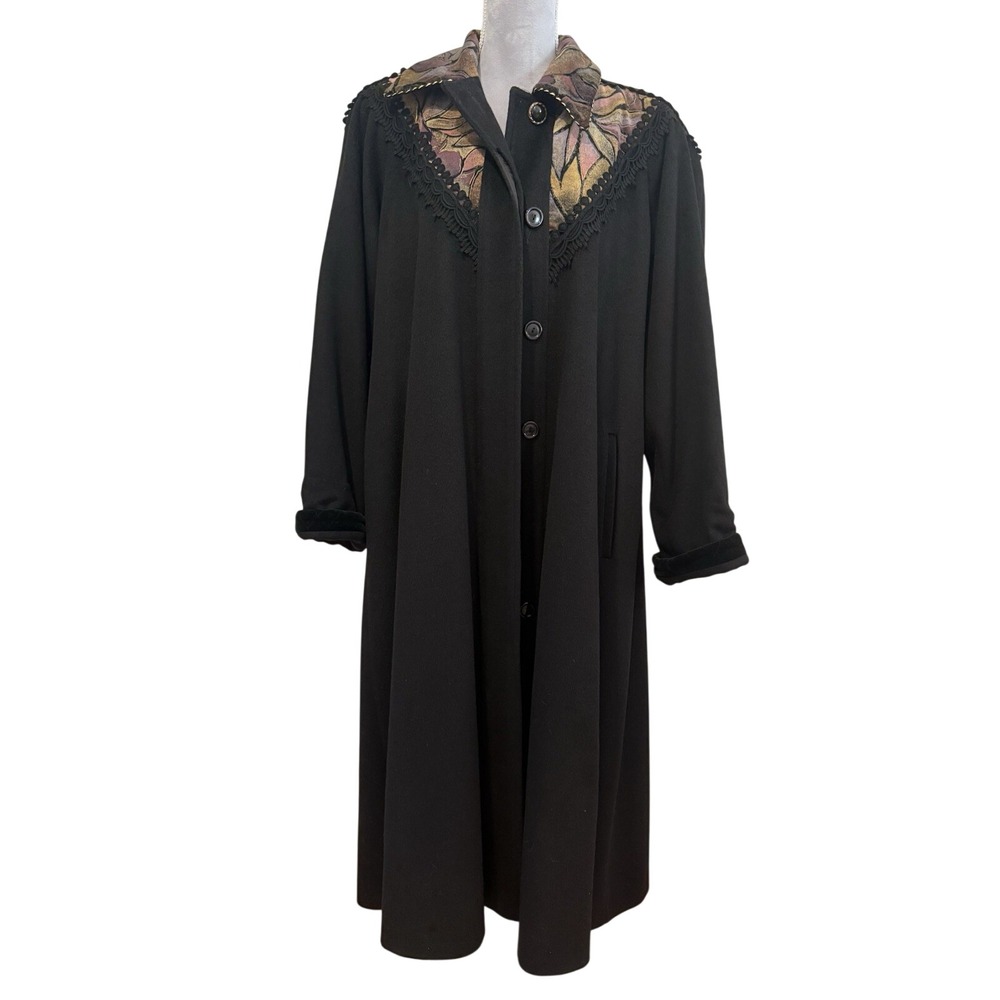 Vintage Portrait Wool Blend Black Over‎ Coat Women's 8 Swing Velvet Color Trim